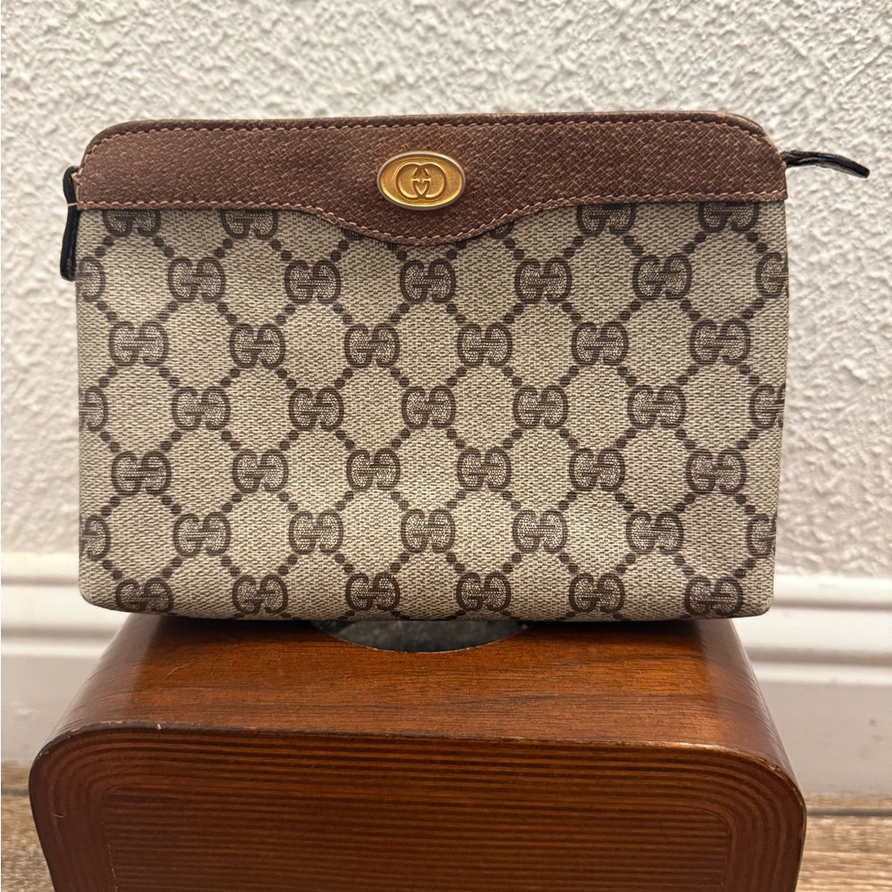 GUCCI ANNIVERSARY COLLECTION GG LOGO CANVAS LEATHER SMALL CLUTCH HANDBAG